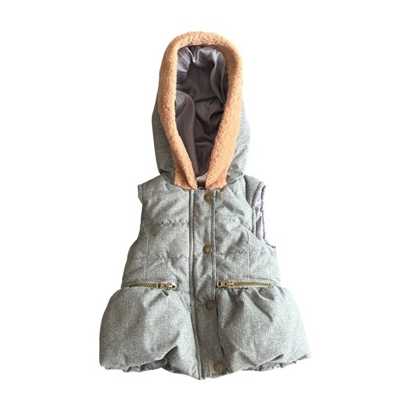 Nicole Miller New York Girls Hooded Puffer Vest 2T Faux Fur Lined Gray With Gold - Picture 2 of 6